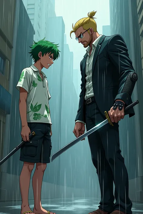 Anime teen Male , Missy short hair green color ,white polo with green flowers ,have red eyes, gray small beard ,wearing flipflop, black short gray camo,eye glasses ,raining. Vs Anime adult Male in black suit with facial hair,blonde mullet ,evil boss villai...