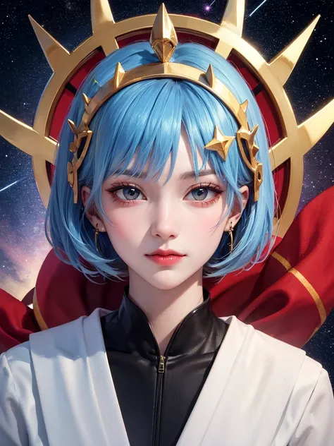 masterpiece， best quality，8k， detailed skin texture ， Detailed Cloth Texture ，Beautifully detailed face， complex details， super detailed，Portrait of Rei Ayanami，Blonde，Red colored eyes， black headgear on the head,Pixieカット，Shining Skin Hair Ornaments, Gold ...