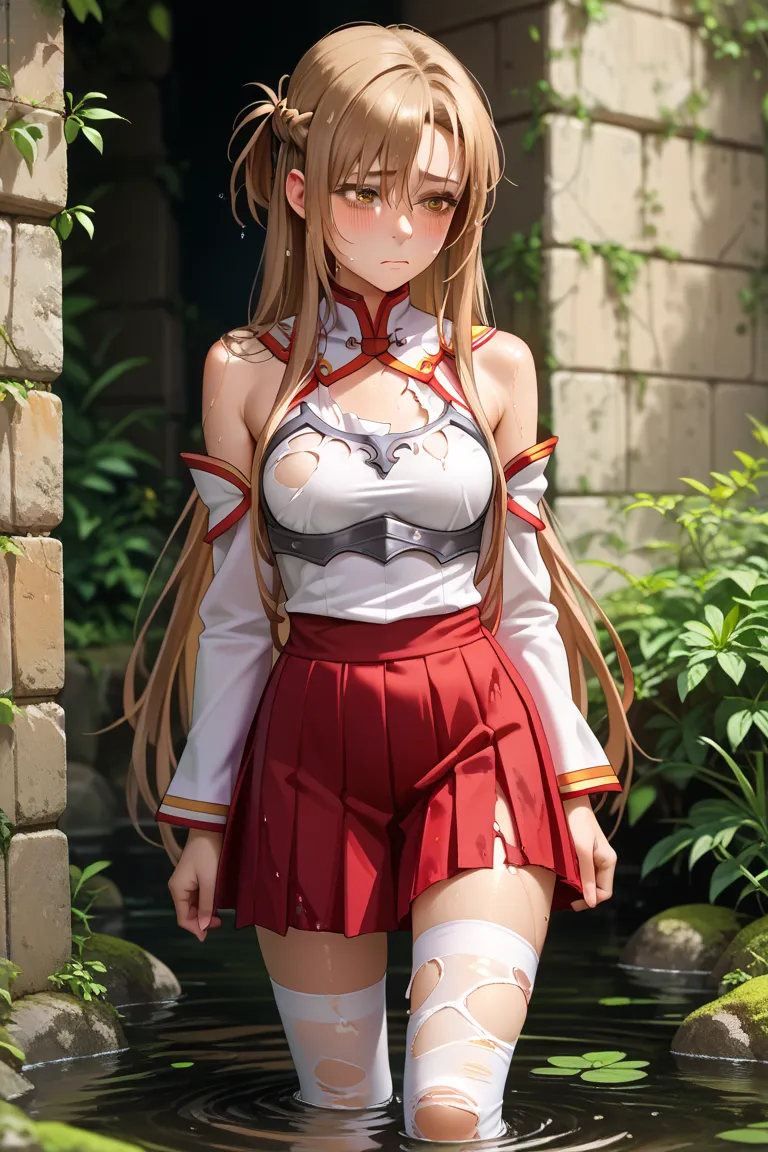 asuna,  long hair,  brown hair, hair,  brown eye , bare shoulders, armor, breastplate, white sleeves,  detached sleeves , red sk...