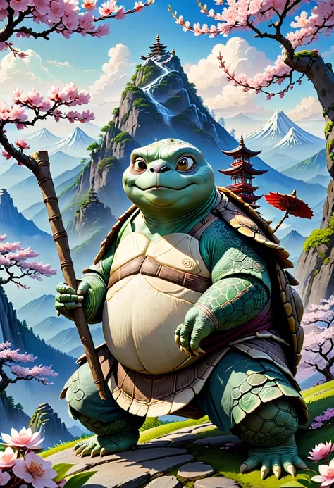 (((Masterpiece))), Best Quality, High-resolution photograph, Sharp details,Create a photo of a master Oogway (wise and old turttle), with his staff from Kung fu panda, ((Master Oogway)), Scene is set on a mountain tops with cherry blossom tree. Absolutely ...