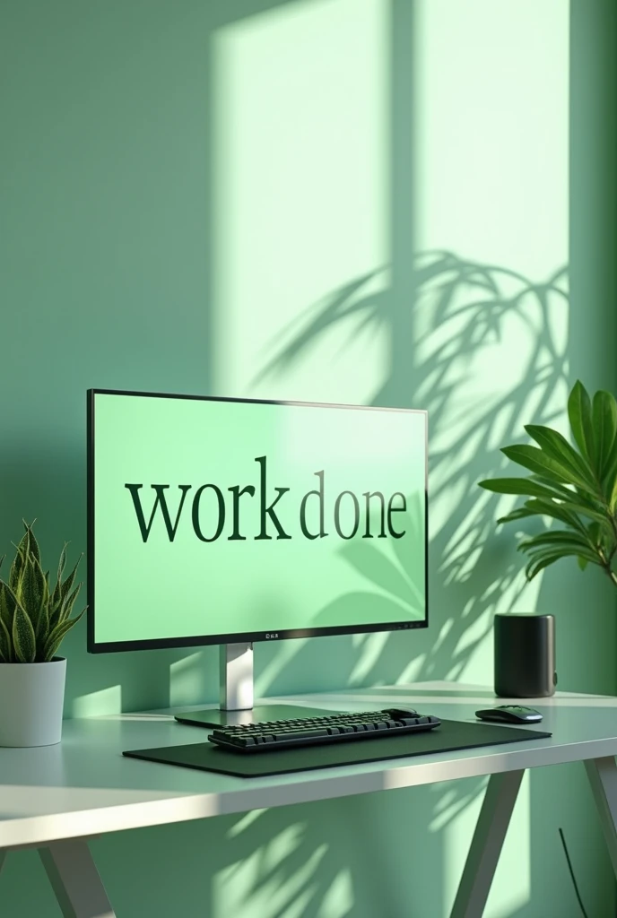  Make me an image where the phrase  "Work Done "  appears where in the background there is a gaming set-up where light green and white predominate