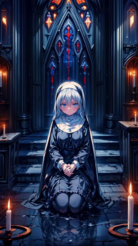 Illustration,  best quality,   1 girl,    Nun with Silver Hair and Bright Blue Eyes ,   Above Broken Walls   ,    Holding Hands and Praying   , solemn look  ,    Dark Church of Satanic Worship    ,Devils statue ,    Dark Nun Without Stained Glass  ,   Cand...