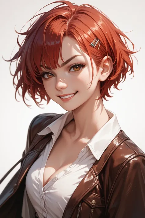 Anime girl with short red hair and sharp brown eyes and a smirk