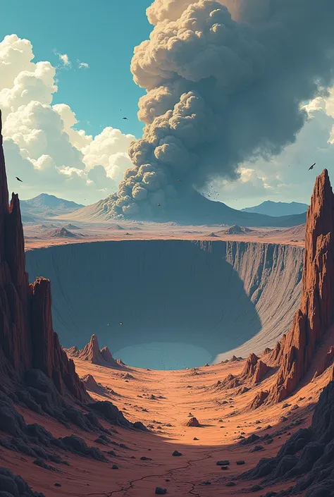 The deserted and populated surface of the Earth ， There is a giant 180-kilometer pit on the ground ， that caused violent explosions and volcanic eruptions， requires anime hand-drawn style 