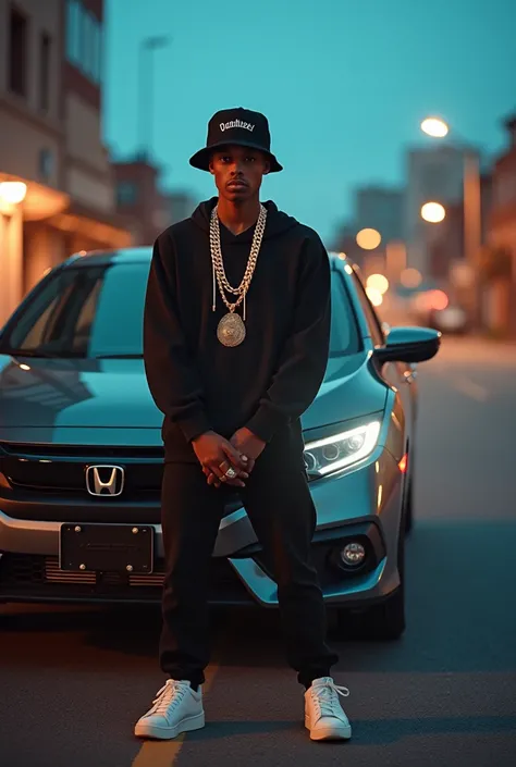 A young man with an oval face,  wearing a straight-brimmed cap and gold chains ,  posing next to a Honda Civic in an urban environment.  The scene is at sunset , with city lights in the background.  The young man is in a confident pose ,  highlighting the ...