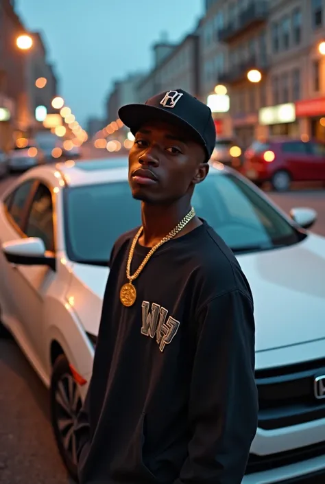 A young man with an oval face,  wearing a straight-brimmed cap and gold chains ,  posing next to a Honda Civic in an urban environment.  The scene is at sunset , with city lights in the background.  The young man is in a confident pose ,  highlighting the ...