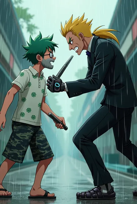 Anime adult Male , Missy short hair green color ,white polo with green flowers ,have red eyes, gray small beard ,wearing flipflop, black short gray camo,eye glasses ,raining. Vs Anime adult Male in black suit with facial hair,blonde mullet ,evil boss villa...