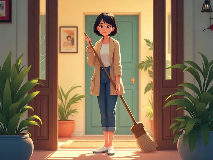 Woman cleaning 、 using a broom at the entrance、Woman cleaning with a smile 、 women around 25 years old 、 black hair、 short bob、Realistic、High image quality