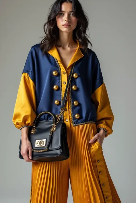 "A modern and stylish two-piece outfit inspired by Arabic attire, featuring a loose-fit top without a neckline, adorned with large disco-style buttons that add a unique and bold touch. The design includes separate pleated satin skirt-pants, matching the to...