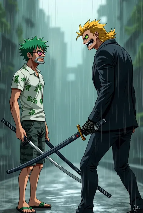 Anime adult Male , Missy short hair green color ,white polo with green flowers ,have red eyes, gray small beard ,wearing flipflop, black short gray camo,eye glasses ,raining. Vs Anime adult Male in black suit with facial hair,blonde mullet ,evil boss villa...