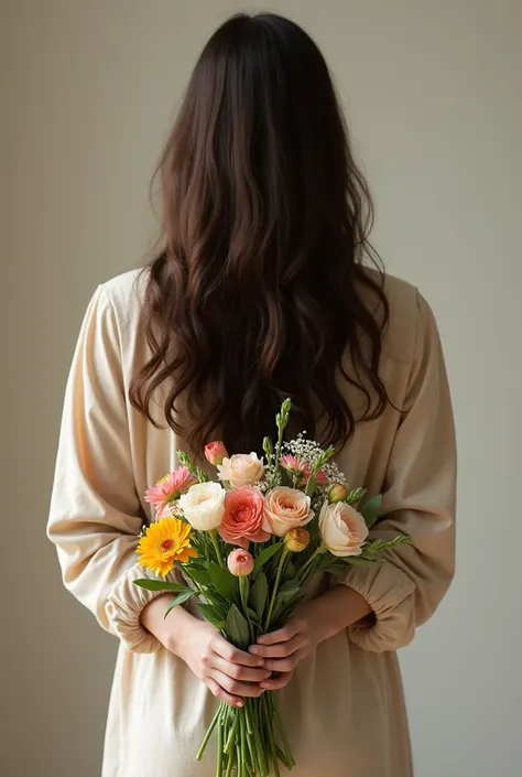  Realistic photo of a girl from the back, with flowers in hand .  faces are not visible, only dark brown hair up to the waist 