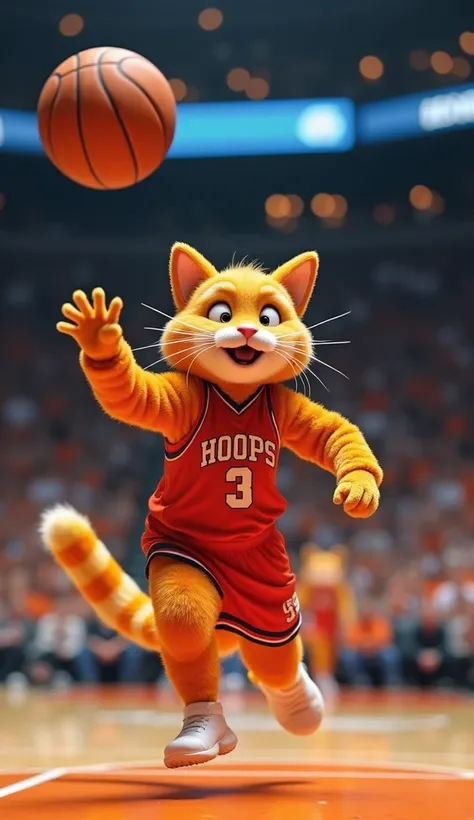  The halftime show is about to begin in the most important game of the season. Suddenly,  a fuzzy orange and furry spot runs out of the band ,  team dribbling a basketball with incredible skill . Its Hoops the Hurry Cat ,  the iconic mascot of the !  } Hoo...