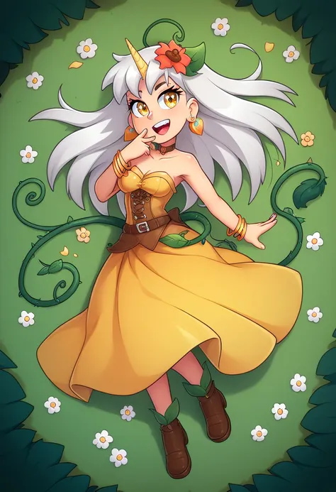 Anriadne - Dry Ads - Forest Keeper - Height 160 - Sooty white hair - Flared bob style - Has horns growing on both sides of its head. - One side has a lizard with small leaves growing out. - yellow eyes - There are vines and grass flowers on the head. - Wea...