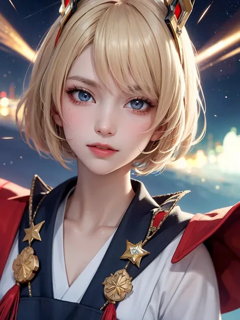 masterpiece， best quality，8k， detailed skin texture ， Detailed Cloth Texture ，Beautifully detailed face， complex details， super detailed，Portrait of Rei Ayanami，Blonde，Red colored eyes， black headgear on the head,Pixieカット，Shining Skin Hair Ornaments, Gold ...