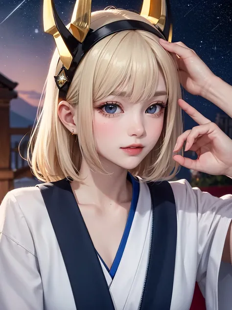 masterpiece， best quality，8k， detailed skin texture ， Detailed Cloth Texture ，Beautifully detailed face， complex details， super detailed，Portrait of Rei Ayanami，Blonde，Red colored eyes， black headgear on the head,Pixieカット，Shining Skin Hair Ornaments, Gold ...