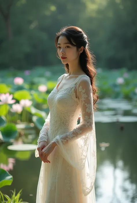 An elegant  in a traditional Chinese lace dress poses beside a tranquil lotus pond，Her reflection shimmers on the water。The tranquil surroundings complement her gentle demeanor。This full-length portrait is depicted in the style of portrait photography，She ...