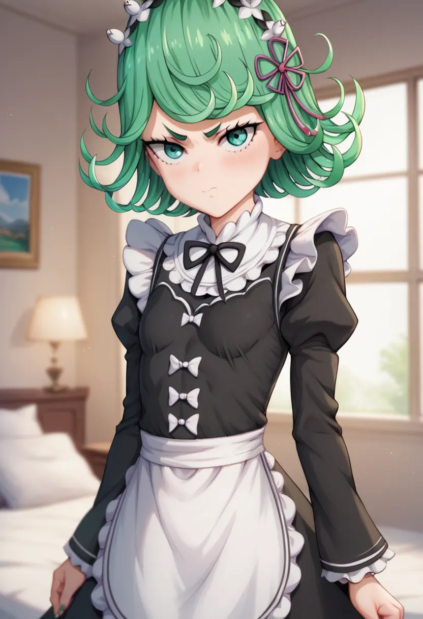 tatsumaki ,  green hair , eyes ,loli body , disappointed face , solo , maid uniform  , cosplay rem from re:zero , flat chest , l...