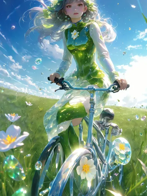 (a girl is riding bicycle on grassland：1.2), crystal covered, alternate color, masterpiece, detailed illustration, realistic, pixiv top quality, exquisite, {{{kawaii 1girl}}}, ultra beauties who fuse with machines, glitter beautiful female, Half of my body...