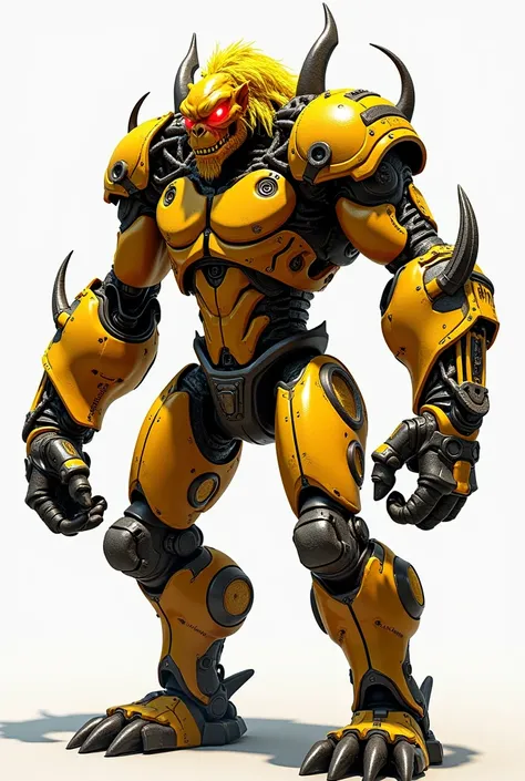 "A menacing frictional demon character stands tall, its body resembling a robotic gorilla with a muscular, metallic frame. Its vibrant yellow color gleams under the light, highlighting intricate robotic details like gears, circuits, and sharp-edged armor p...