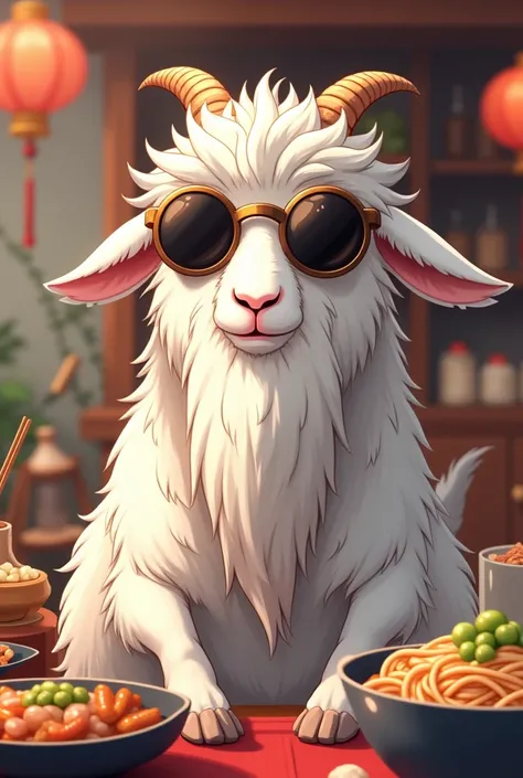 Create an image of a normal goat with a long beard but not as lush with small round sunglasses like the anime character Gojo Satoru with an oriental food background, and 2D

