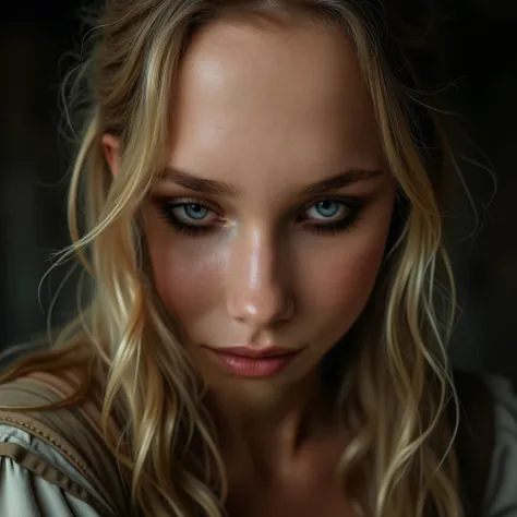 Close up. Young woman in her late teens, with long blonde hair and blue eyes, wearing medieval work clothes. She has faint scars on nose, lips and cheeks. Smudged face, with dry dust and dirt. Serious face. Medieval setting. Concept art.. High-resolution p...