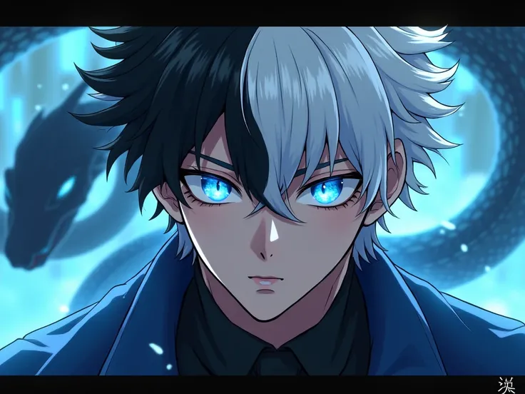 Fait un homme avec les cheveux noir d un cote et blanc de lautre avec des yeux bleu clair styler , animé , avec un serpent 
