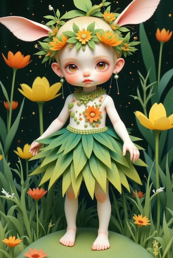  a charming humanoid plant creature，bloom，upright，The whole is green， a flower-like structure growing around the head， the head is decorated with leaf-like extensions，shaped like a headband， its lower part is a skirt-like structure.，It resembles a flower p...