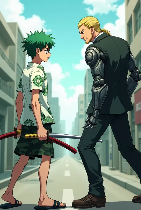 Anime adult Male , Missy short hair green color ,white polo with green flowers ,have red eyes, gray small beard ,wearing flipflop, black short gray camo,eye glasses ,dual katana, protagonist. Vs Anime adult Male in black suit with facial hair,blonde mullet...