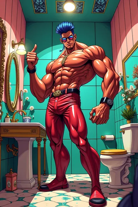 A drawing of a bathroom in jojo style