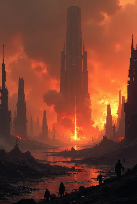 A destroyed and burning 

futuristic space port