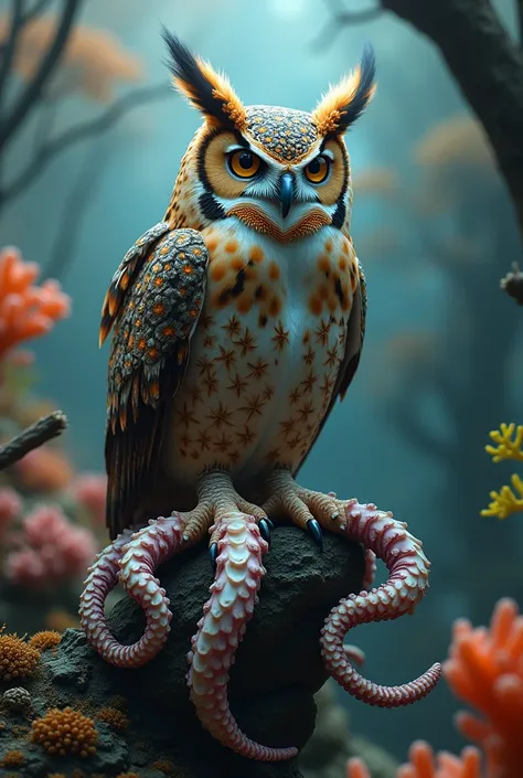 
6. Octopus Owl
An owl with octopus tentacles in place of talons. Its feathers mimic the texture of an octopuss skin, allowing it to camouflage seamlessly in forests or coral reefs.fusion image