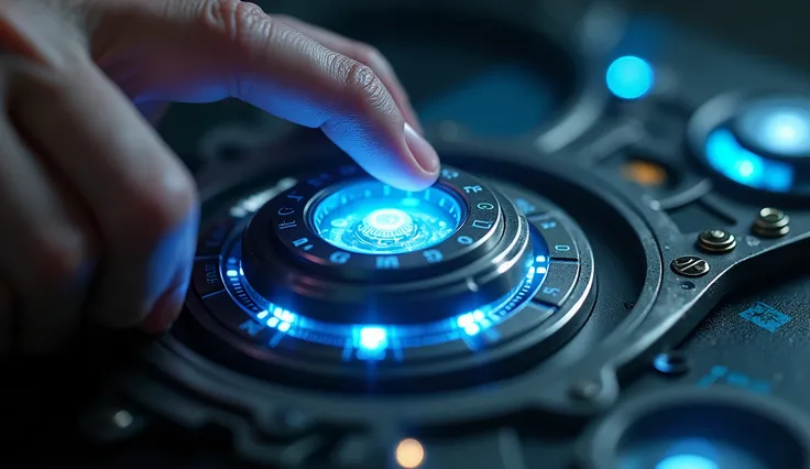 " Close-up of Arions hand hovering over Chrono Device button .  The device emits an increasingly intense blue light ,  creating the effect of small energy ripples spreading outward . Arions hand ,  with a faint reflection of blue light ,  appears ready to ...