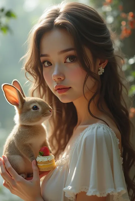 Create for me a picture of a woman with long brown hair, beautiful brown eyes and long eyelashes. She has a cake in her hand and her side is a real rabbit standing on her shoulder and holding a cake with his second hand a cake eaten from it and making it i...