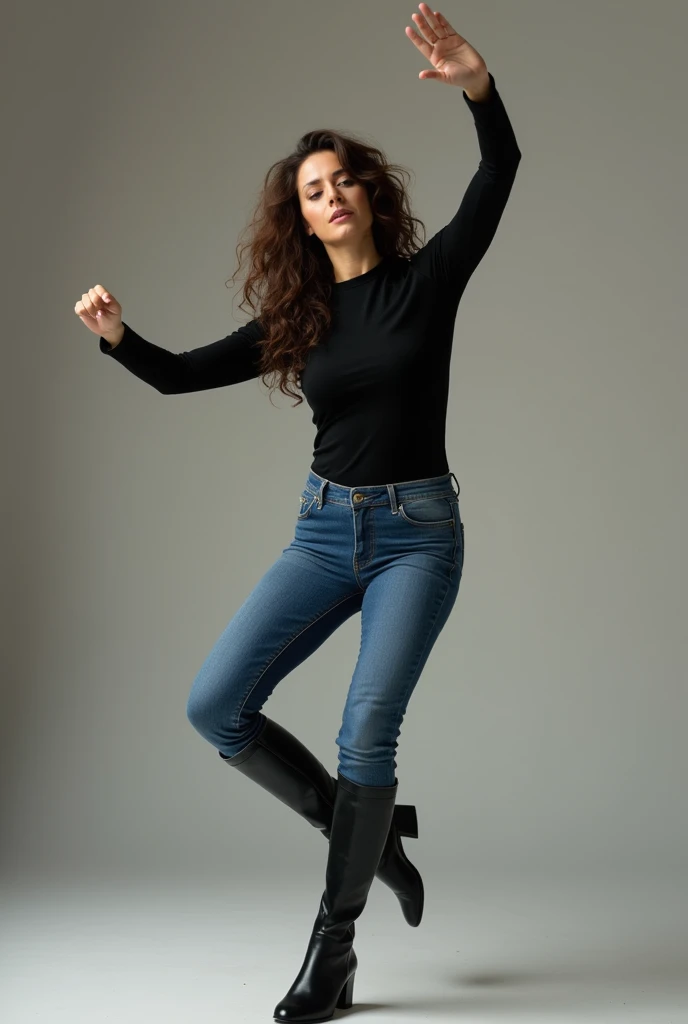 A beautiful looking woman around 40 years old, long curly brown hair, black top,  Blue Jeans , flat black knee-high leather boots, Dance,    full body shot    