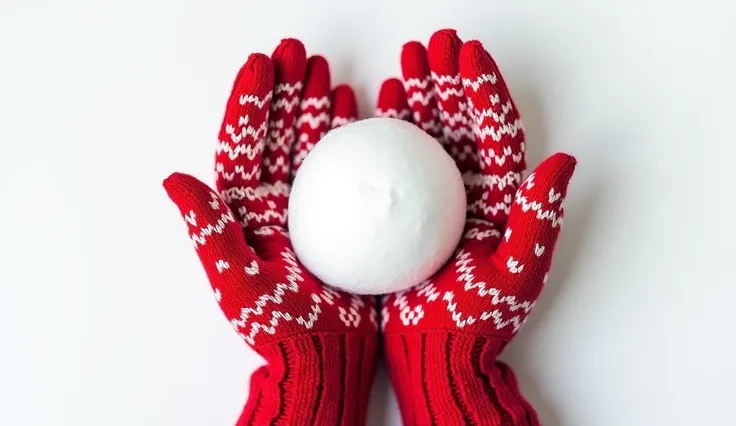 Minimalist composition of female red gloves in patterned knitted mittens, holding a flawless snowball against a bright white background. Soft, even lighting eliminates harsh shadows, ensuring all details of the mittens and snowball are sharp and crisp. The...