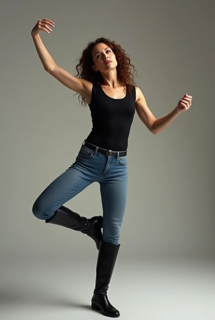 A beautiful looking woman around 40 years old, long curly brown hair, black top,  Blue Jeans , flat black knee-high leather boots, Dance,    full body shot    