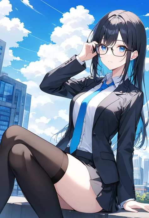 1 girl, mommy, adult, has long black hair with blue in it, wearing square glasses, blue eyes, pale skin, wearing a white shirt with a blue tie, white short skirt, black stockings, wearing a black suit with blue inside, right hand touches her glasses, outsi...