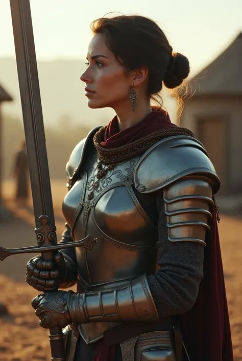 Departure system 、 hold the sword and hold it pose、full body view,Full body、Joan of Arc，Gorgeous heavy armor wraps the whole body，Point the Knights Sword to the sky，sportrait，closeup cleavage，Solemn，flatchest，Modest，humble，cinematic, hdr, primitive, Intric...