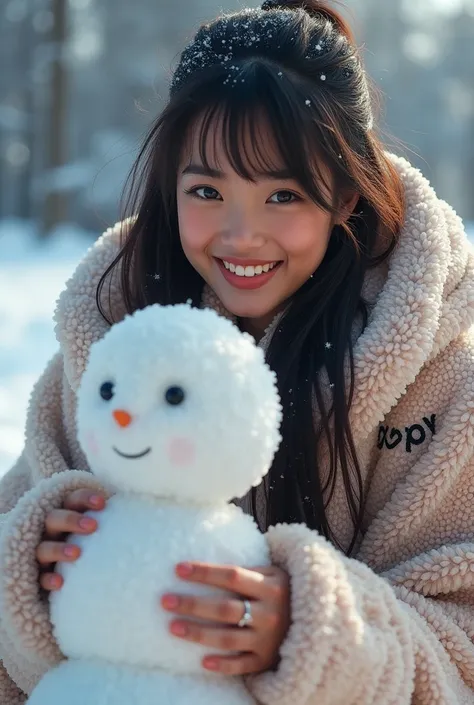  A beautiful smiling Indonesian woman with long hair and bangs in a tie wearing a thick fluffy jacket with the inscription "Epy " playing Snow doll 