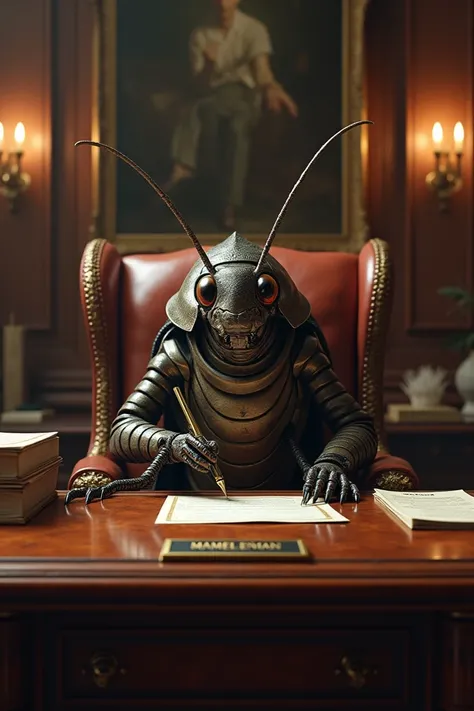 A cockroach who is the boss and is writing on his office desk