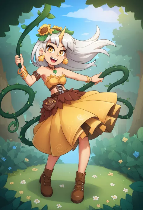 Anriadne - Dry Ads - Forest Keeper - Height 160 - Sooty white hair - Flared bob style - Has horns growing on both sides of its head. - One side has a lizard with small leaves growing out. - yellow eyes - There are vines and grass flowers on the head. - Wea...