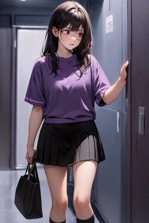  Not a tall girl  ,  dressed in a purple t-shirt and a black tennis skirt  .  Black socks with white stripes  .  Knee-length hair with hidden dark purple braces . Brown eyes  .  There is a small scar on her face  .  A girl is standing in the middle of the ...