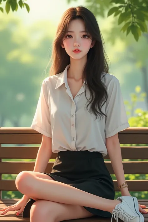 "Create a realistic outdoor portrait of a young woman sitting casually on a wooden bench. She has long, straight dark brown hair, parted slightly to the side, and is wearing a crisp white short-sleeve buttoned blouse paired with a black skirt. Her posture ...