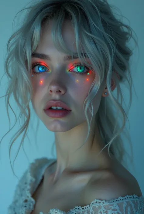  ( Messy silver hair :1.1) (heterochromia:  xanthochromia and blue eyes :1.2) ( Colored stars in the eyes:1.0) (A radiant glow:1.1) ( Thick lips:0.9) (naked showing the vulva:1.1)