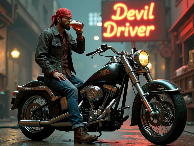 a biker in a red bandana drinks beer near a motorcycle in chrome in front of a sign "DEVIL DRIVER" steampunk