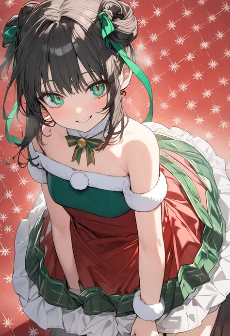 masterpiece,  best quality , Young、Small breasts、Petite、 girl、((Medium hairstyles with charcoal))、((break))、((Green Eyes:1.2))、(  beautiful eyes )、(( large green ribbon in the hair knot:1.35))、(Santa Dress)、( Embarrassing yet triumphant look )、((break))、((...