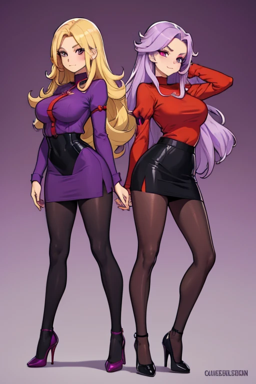 female, long blonde hair, red eyes(((1girl))), (((purple shirt with elbow length sleeves))), (black knee length pencil skirt), (black tights), (reddish purple heels), cute and sexy, full body, big breasts, long legs, smiling, slender, busty