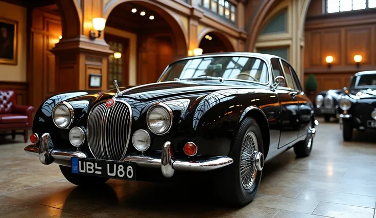 Here is an image of a 1970 Jaguar XJ6 displayed in a vintage car showroom. Let me know if youd like adjustments or additional details.The car shining black 