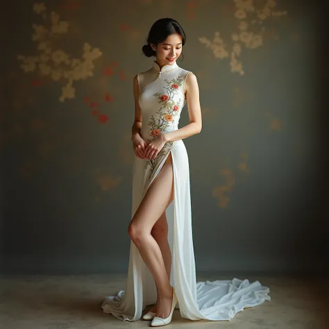 Full body of beautiful lady wearing a traditional qipao with a delicate floral pattern, disclosing her thighs, delicate shoes, exuding elegance and poise, a subtle, enigmatic smile playing on her lips, set against a softly blurred, muted background, with a...