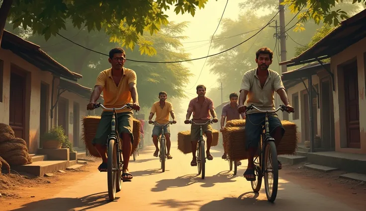 A realistic depiction of workers in Chennai 40 years ago, finishing their workday and riding bicycles together towards their homes. The scene shows a group of laborers in traditional attire, like dhotis and simple shirts, riding side by side on their bicyc...